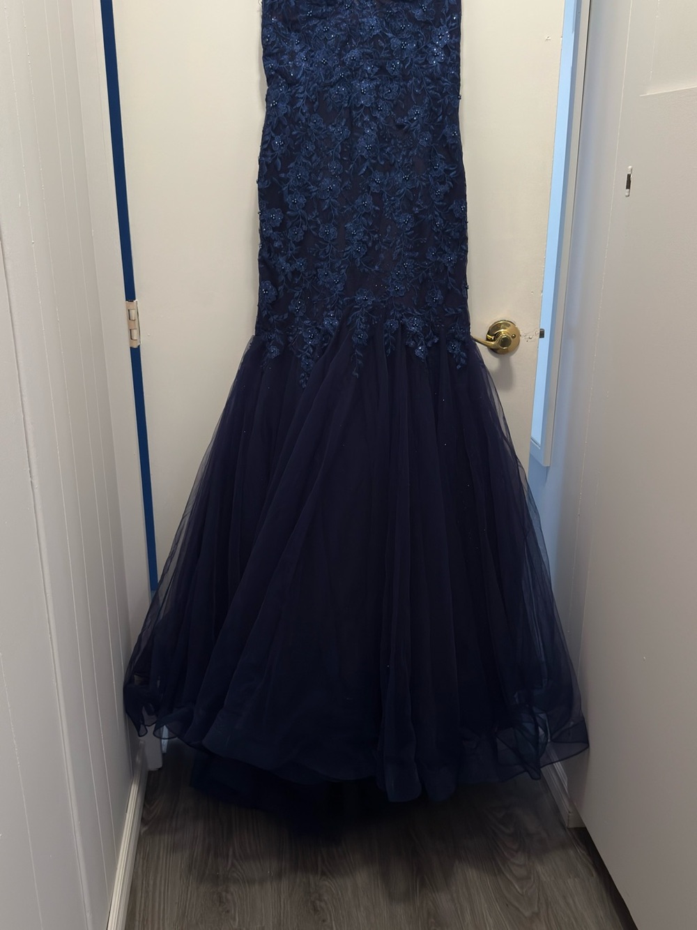 JVN by Jovani Navy Blue Lace & Tulle Mermaid Gown